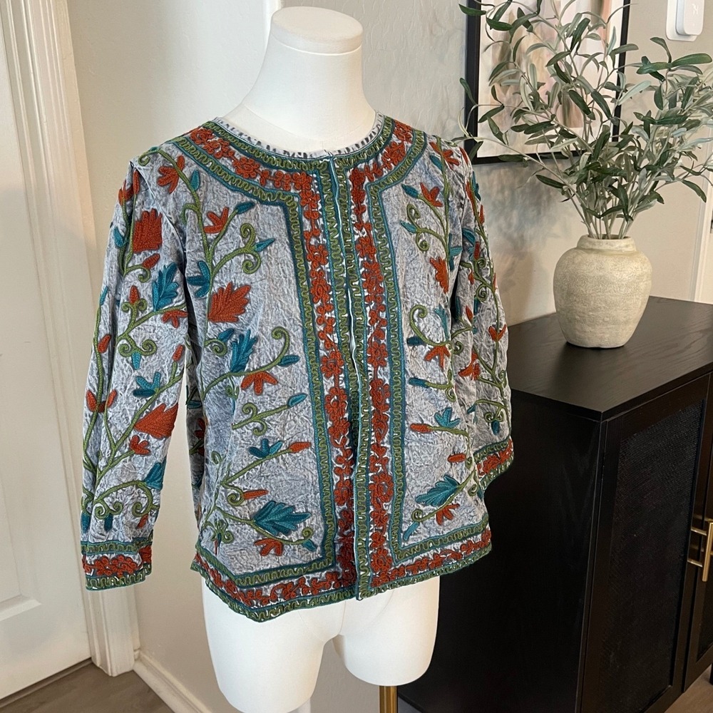 Parsley & Sage Embroidered Floral Jacket Women Size M Gray Boho Fairycore Good